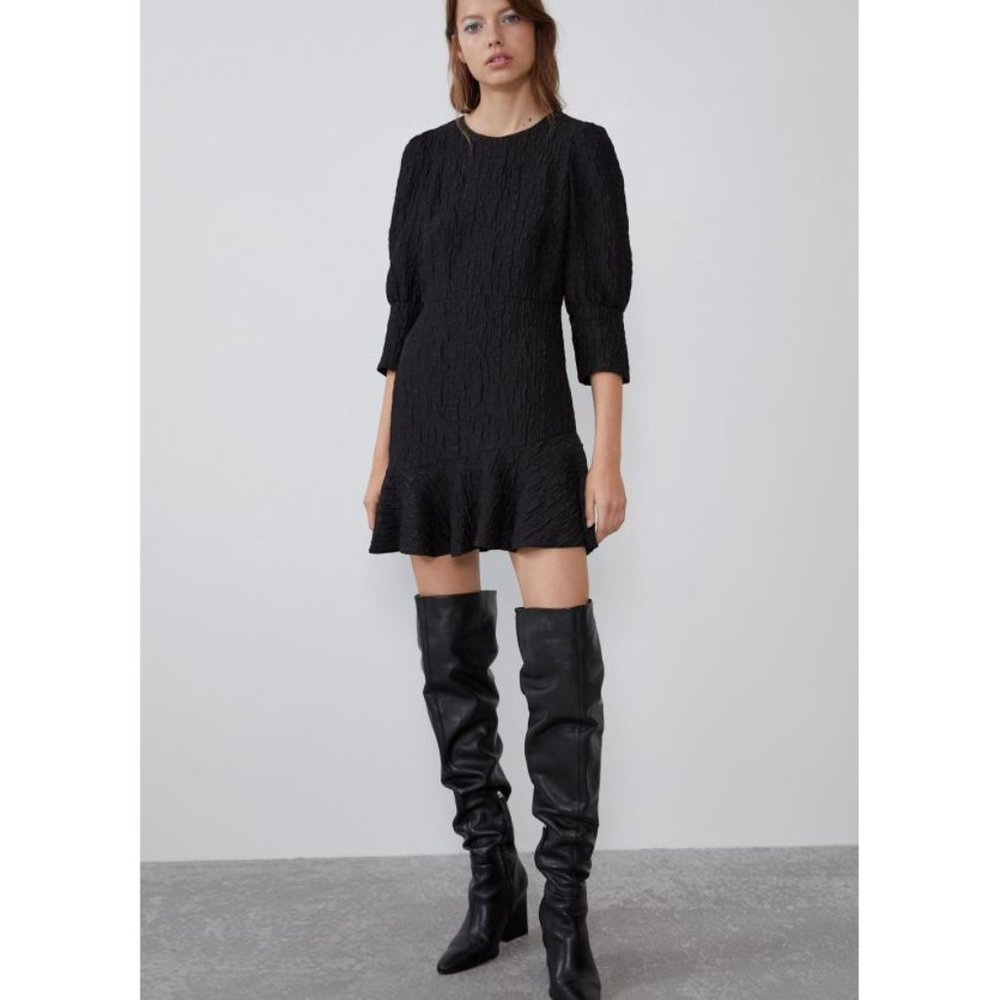 Zara Textured Weave Dress Black Puff Princess Sleeve Ruffle Cut-Out Back Crinkle
